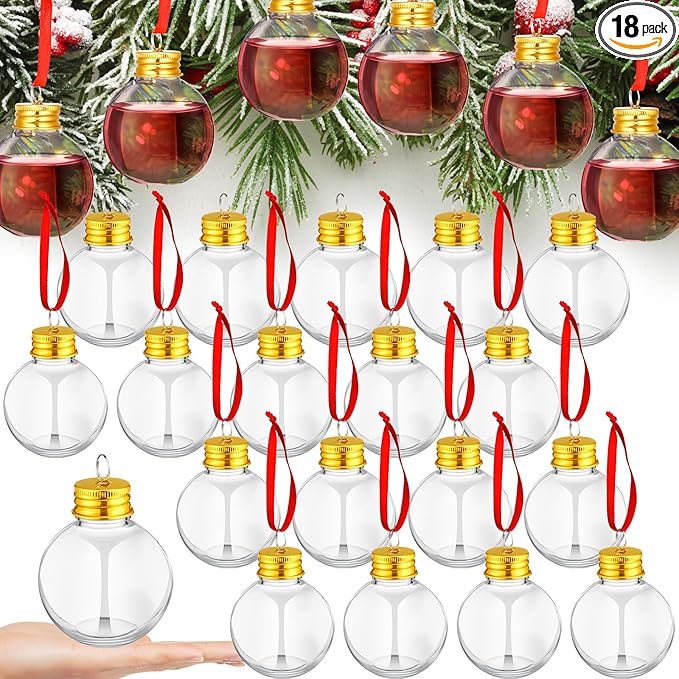 Patelai 18 Pcs Christmas Drink Balls Clear Shot Glass Ornaments Xmas Tree Fillable Ornaments Plastic Xmas Water Bottle Bulbs for Holiday Party Decorations(Round,100 ml)