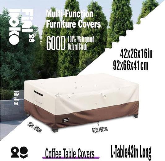 Patio Coffee Table Cover, 36"L x 24"W x 16"H Patio Rectangular Side Table Covers,100% Waterproof 600D Heavy Duty Outdoor Table Cover,Beige&Brow