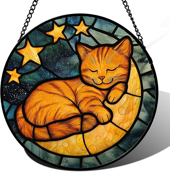Stained Glass Window Hanging - Orange Cat Sun Catcher for Door Home Decor Stars and Moon Suncatcher Christmas Mother's Day Birthday Loss of a Pet Gifts for Women Men Mom Nana 6.3 in