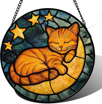 Stained Glass Window Hanging - Orange Cat Sun Catcher for Door Home Decor Stars and Moon Suncatcher Christmas Mother's Day Birthday Loss of a Pet Gifts for Women Men Mom Nana 6.3 in