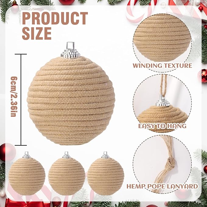 JOICEE 9 Pcs Boho Christmas Ball Ornaments Set, Jute Rope Hanging Balls Neutral Rustic Ornaments Christmas Ball Decoration for Xmas Tree Wreath Garland Party Farmhouse Decor(Linen)