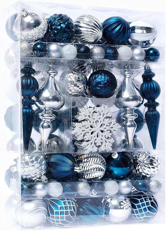 Christmas Tree Ornaments Decorations Set-116ct 1.18-6.5 Inch Assorted Silver Blue Shatterproof Decorative Hanging Christmas Ball Ornaments Bulk,Xmas Tree Tabletop Decorations for Holiday Decor