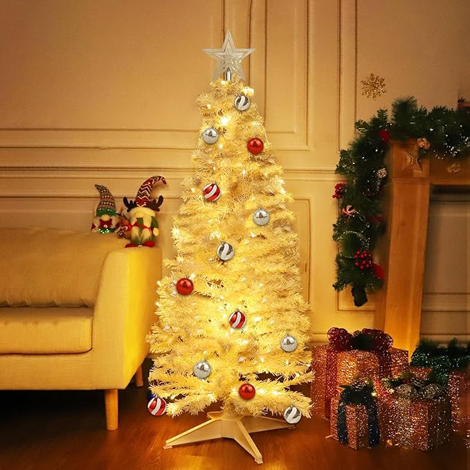 4 Ft White Christmas Tree with Timer Remote Control 8 Mode 100 Warm White Light 18 DIY Ball Ornaments 3D Star Battery Operated Small Xmas Tree Table Indoor Holiday Decor