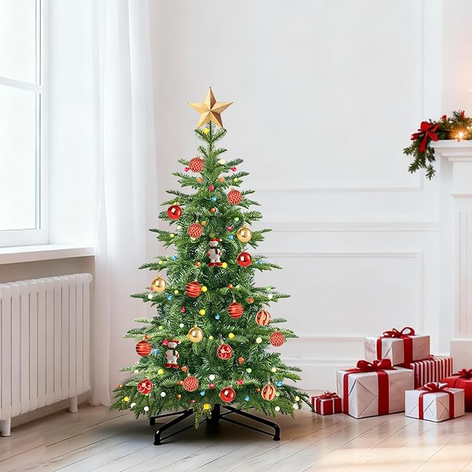 4Ft Prelit Artificial Christmas Tree, Lighted Aspen Fir Christmas Tree with Multicolor Global Lights and Metal Stand, Slim PE & PVC Mixed Layered Xmas Tree for Holiday Home Decor