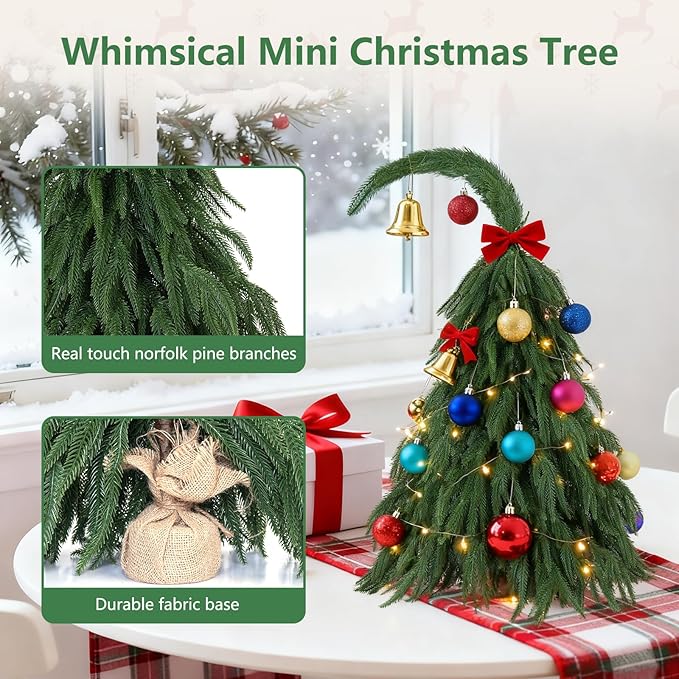 Tabletop Norfolk Pine Christmas Tree, 3FT Green Mini Artificial Christmas Tree with Norfolk Branch, Small Xmas Tree for Christmas Gnome Holiday Indoor Decoration