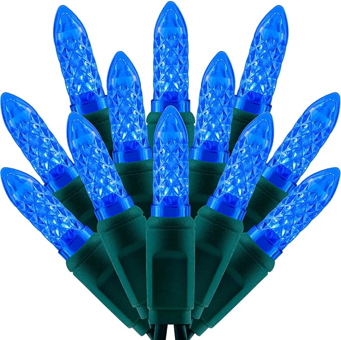 100 Blue Faceted One-Piece LED Christmas Lights, 33 ft Green Cord High Waterproof UL Certified M6 Outdoor String Lights (Blue)