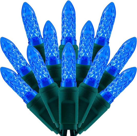 100 Blue Faceted One-Piece LED Christmas Lights, 33 ft Green Cord High Waterproof UL Certified M6 Outdoor String Lights (Blue)