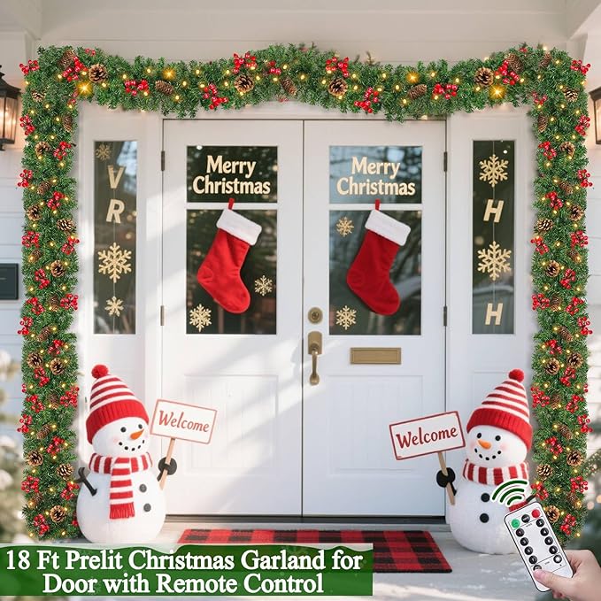 Remote Control 18 FT Extra Long Prelit Christmas Garland with 480Thick Branch Tips Pinecones & Red Berries, 100 Warm White & Multicolor LED Lights 8 Modes Timer for Stairs Mantel Doorway Decor