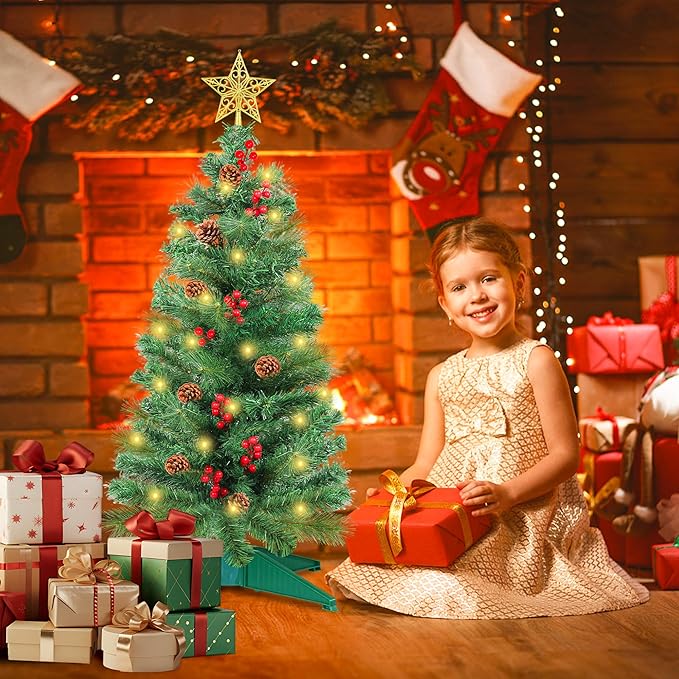 3 Ft Artificial Christmas Tree with Pine Needle Acorn Red Berries 8 Modes Timer 50 Warm White Lights Battery Operated Small Xmas Full Tree for Home Indoor Office Tabletop Holiday Decorations