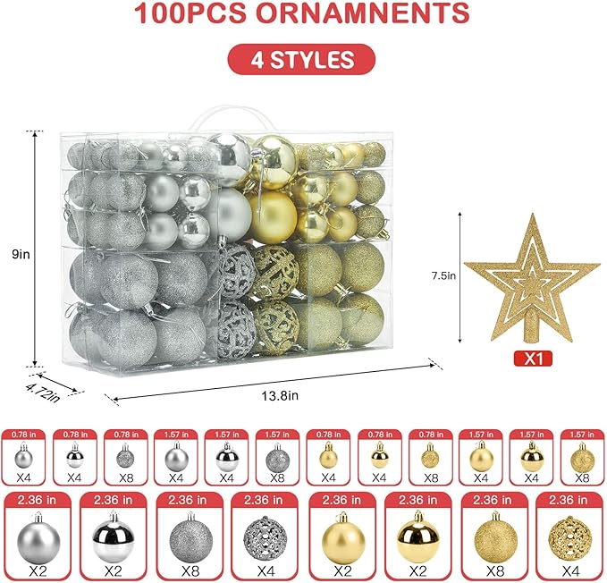 Aitsite 100 Pack Christmas Tree Ornaments Set Mini Shatterproof Holiday Ornaments Balls for Christmas Decorations (Gold and Sliver)