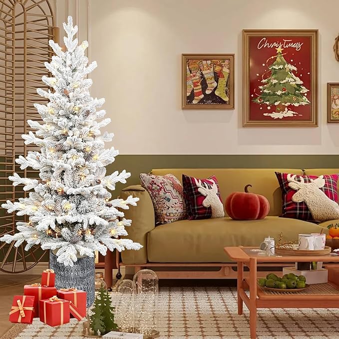 3FT Potted Flocked Christmas Tree, Snow Frosted Mini Tabletop Artificial Christmas Tree 365 PE & PVC Branch Tips for Front Door, Porch, Indoor and Outdoor