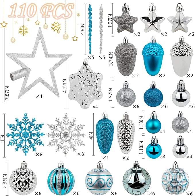 110Pcs Christmas Ball Ornaments Set, Assorted Blue and Silver Christmas Ornaments for Xmas Tree, Shatterproof Plastic Baubles Hanging Decorations for Holiday/Party/Wedding