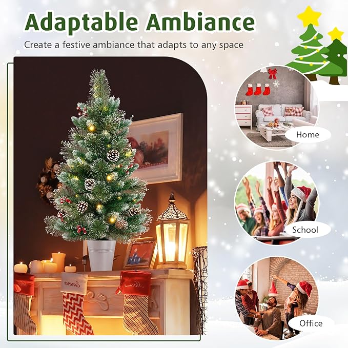 HAPPYGRILL 3 FT Artificial Entrance Christmas Tree, Small Tabletop Xmas Tree w/81 Branch Tips, Eucalyptus Leaves, Pine Needles, Pine Cones, Red Berries, 20 LED Lights, Timer, 8 Lighting Modes