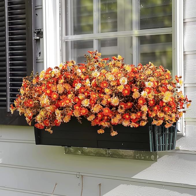Artificial Daisy Flowers for Outdoor 16 Bundles Faux Daisy Flower UV Resistant No Fade Floral for Home Indoor Outside Garden Porch Window Box Balcony Yard Porch Fall Decor (Orange)