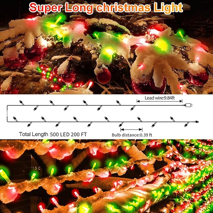 200 FT 500 LED Christmas Lights Outdoor Decorations Super Long Fairy Lights Waterproof 8 Modes Timer Clear Wire String Lights for Outside House Tree Patio Yard Wedding Party Holiday-Red & Green