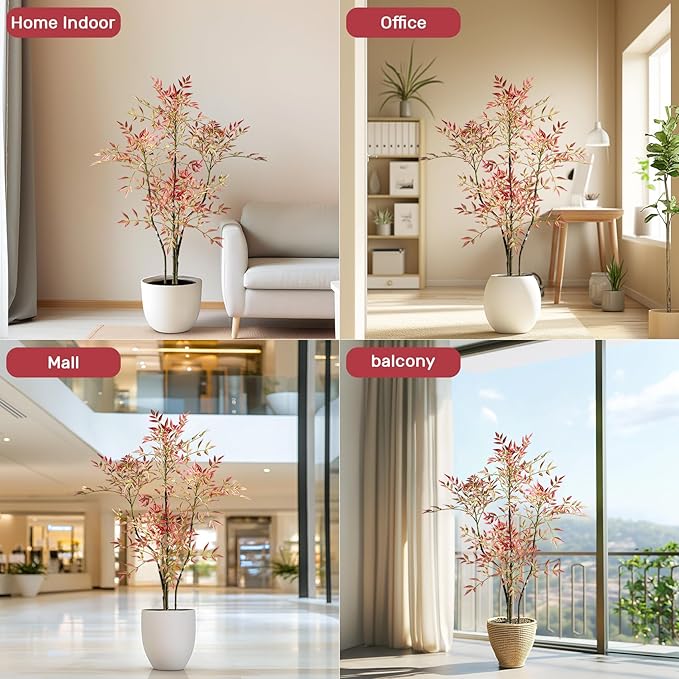 4.6ft Faux Bamboo Tree Artificial Nandina Tree Artificial Indoor Plants Realistic Fake Potted Tree with 800+ Leaves, Cement Planter - Home Office Decor Perfect for Housewarming Gift No Planter