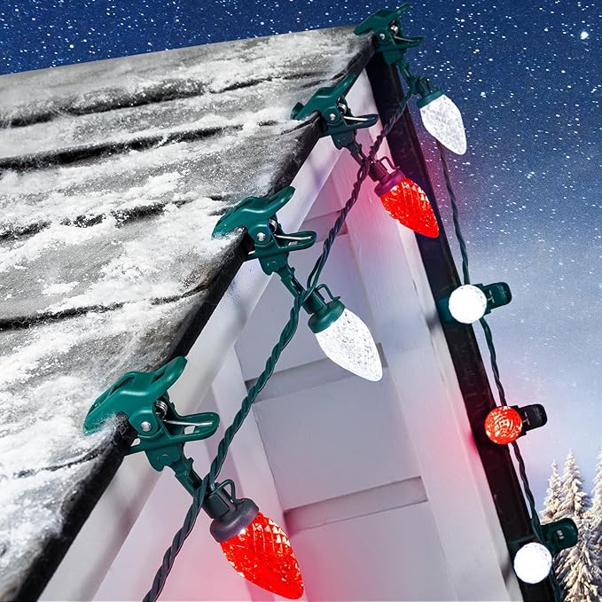 C9 LED Christmas Lights Outdoor, 68 Feet 100 LED C9 String Light with 100 Spring Clips, Waterproof Connectable Christmas Tree Lights for Outside Roofline Patio Home Xmas Decor, Red & Pure White