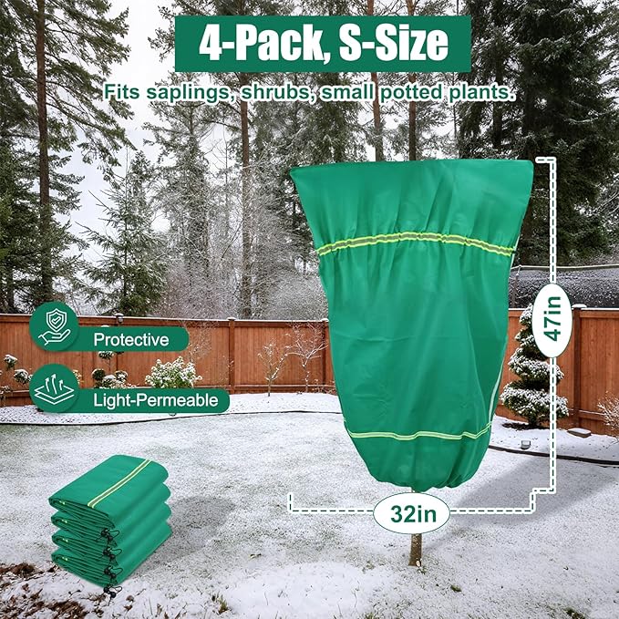 IC ICLOVER Plant Covers Freeze Protection for Winter, 4 Pack 32"x47" Frost Blankets for Outdoor Plants with Zipper Drawstring, Plant Freeze Protection Tree Cover Bags Cloth for Shrub Bush Fruit Potted