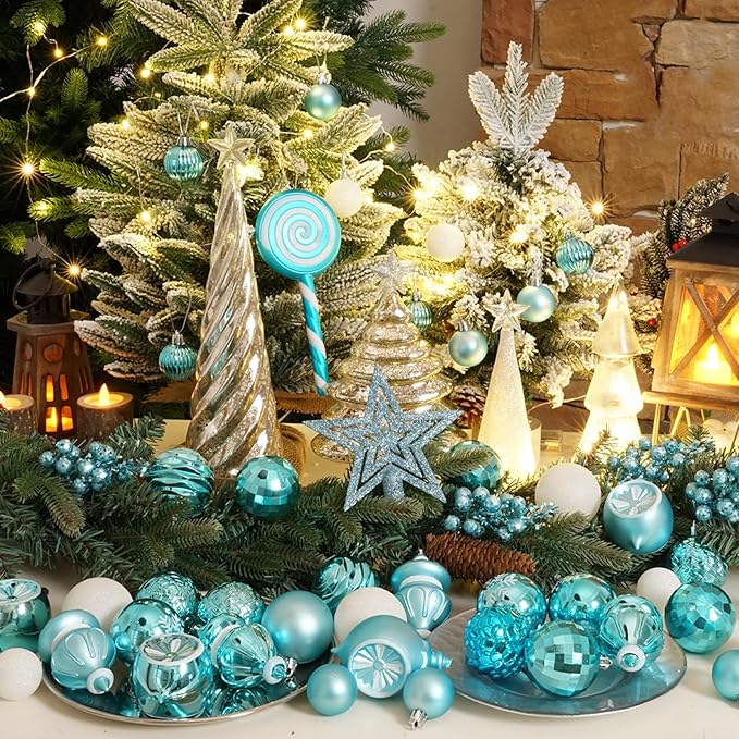 XmasExp 99-Pack Christmas Ball Ornaments Assorted Shatterproof Christmas Tree Decorations with Hand-held Gift Package for Xmas Tree,Home,Party (Light Blue)