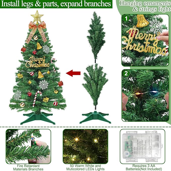 Remote Control-3 FT Artificial Mini Christmas Tree,Tabletop Small Christmas Tree with 50 Warm White & Multicolor Changing Lights Timer 8 Modes DIY Ball Ornaments,Home,Office,Indoor Holiday Decoration