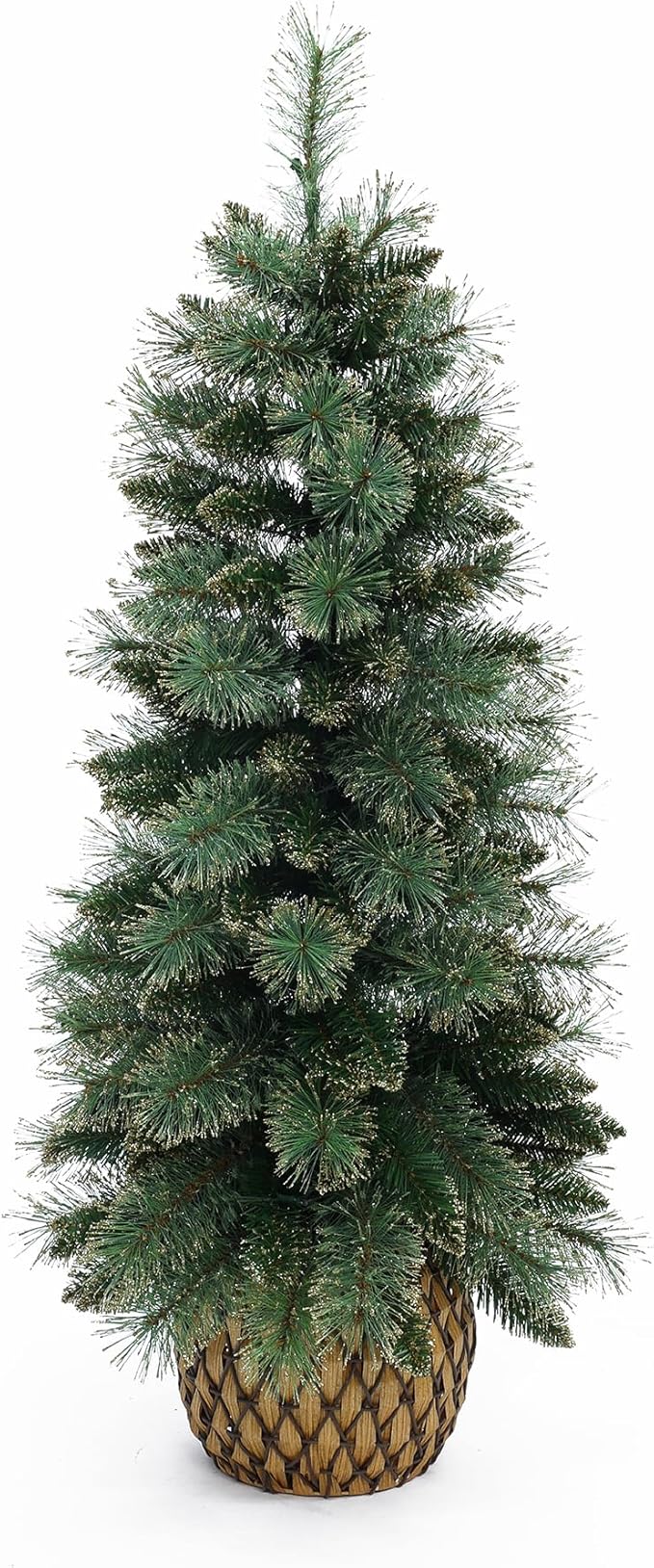 LuxenHome 4FT Small Christmas Tree, Prelit Slim Potted Artificial Christmas Trees with 50 Warm White LED Lights, Realistic Faux Pine Tree with Rattan Style Pot for Entrance, Hallway Display