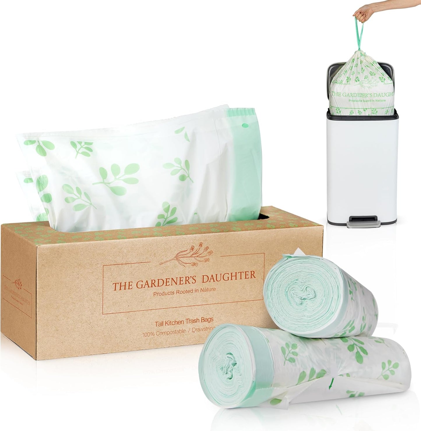 13 Gallon Compostable Trash Bags – Extra Strong, Drawstring Kitchen Bags (30 Count, White) | Leak-Proof, BPI & TUV Certified, Home Compostable – Evergreen by The Gardener's Daughter