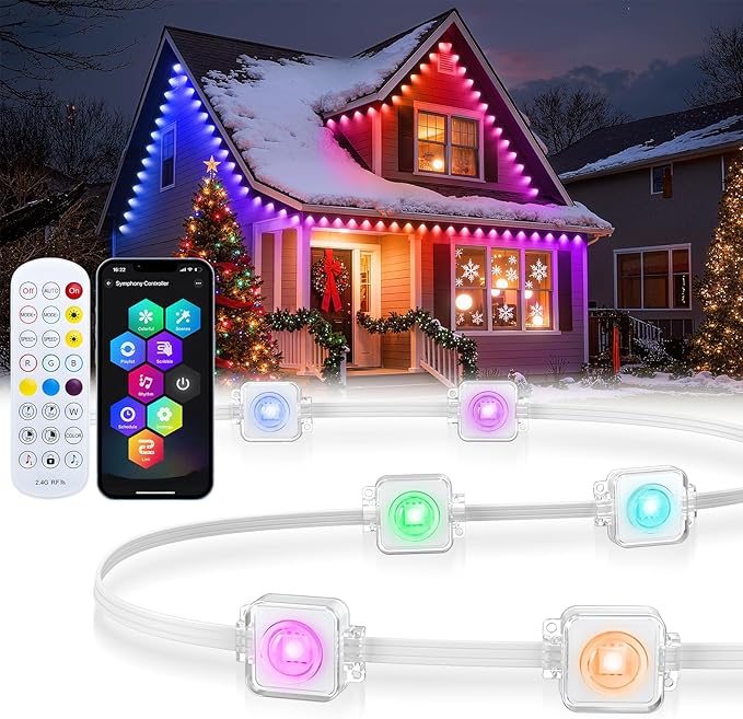 REYLAX 50FT Permanent Outdoor Lights with 30 LED Lights, RGB+IC Eaves Lights, IP67 Waterproof, Multi Scenes for Outdoor Christmas Holidays Decor, Works with APP & Remote Control, White