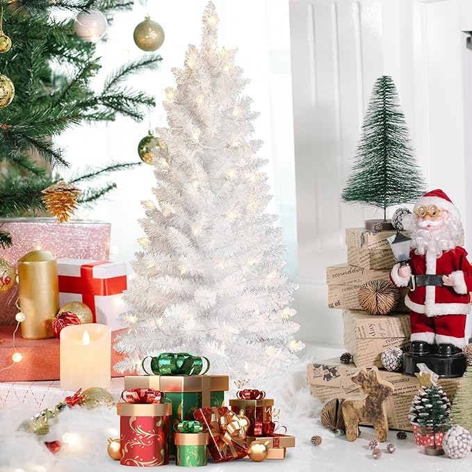 4ft Artificial Full White Christmas Tree with Separate Lights, Not Pre-lit Mini White Tinsel Pine Christmas Tree, 50 Lights, Small Xmas Tree for Home, Office, Party Decoration, Indoor