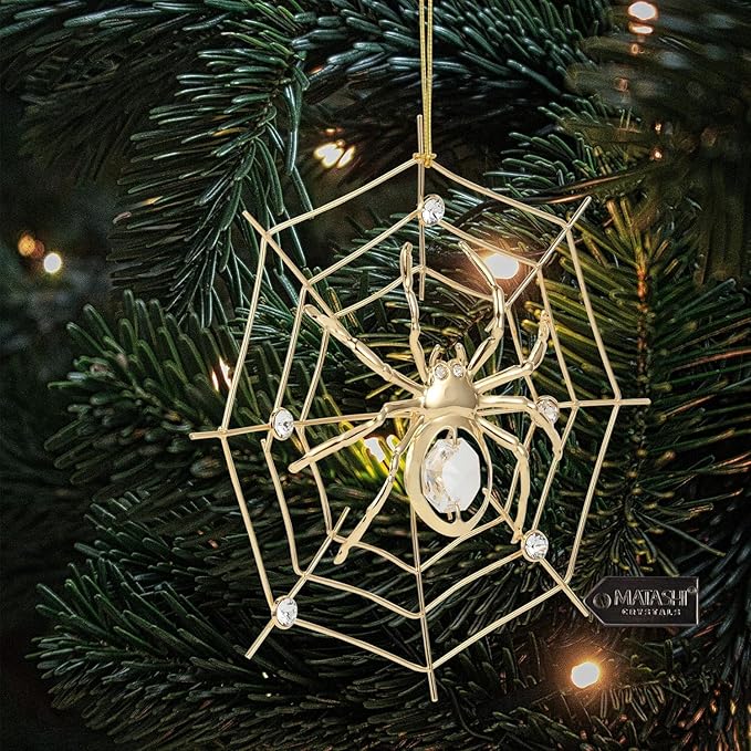 Spider Ornament Set of 2 – 24K Gold Plated Crystal-Studded Hanging Ornament & Multidimensional 5D Spider Ornament for Christmas Tree Decor by Matashi