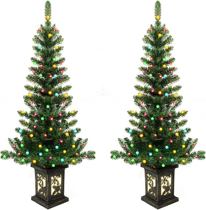2Pcs 4FT Pre-lit Artificial Potted Christmas Tree with 100 LED Colorful Lights，Artificial Xmas Trees with Retro Snowflack Light Box Base, 190 Branch Tips, Small Xma Tree Decora for Porch,Table, Home