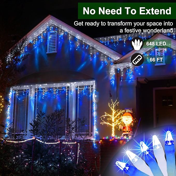 648 LED Outdoor Christmas Lights with 144 Drops, 66ft Christmas Fairy Lights with 8 Modes Timer, Twinkly Lights Waterproof for Indoor Outside Eaves Yard Holiday Wedding Party Decor Blue & CoolWhite
