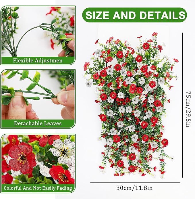 Artificial Flowers for Outdoors 6PCS，All Weather Fade Proof, UV Resistant Waterproof Realistic Faux Silk Mums Daisies Red & White for Hanging Planters Porch Patio Balcony Deck Fence Garden Decor