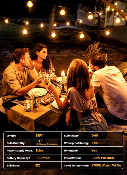 Brightown 38FT Solar String Lights Outdoor with Remote and 16 LED Shatterproof Bulbs, Dimmable & Timable, 3 Light Modes, Solar Patio String Lights Outdoor for Cafe, Garden, Deck, Outside Wedding