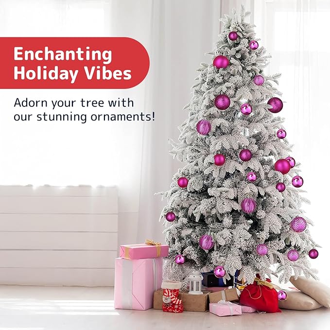 Prextex 36-Pieces Fuchsia Pink Christmas Ornaments Set - Shatterproof, Festive Christmas Balls Decorations in 3 Sizes and 6 Styles with Hanging Loops for Tree, Wreath, and Dazzling Holiday Party Decor
