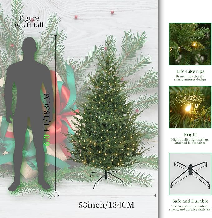 6ft Pre-Lit Christmas Tree, Premium Hinged Artificial Pine Tree w/ 750 Realistic Branch Tips 180 Warm LED Lights Spruce Xmas Full Tree w/Metal Hinges & Foldable Metal Base for Home/Office
