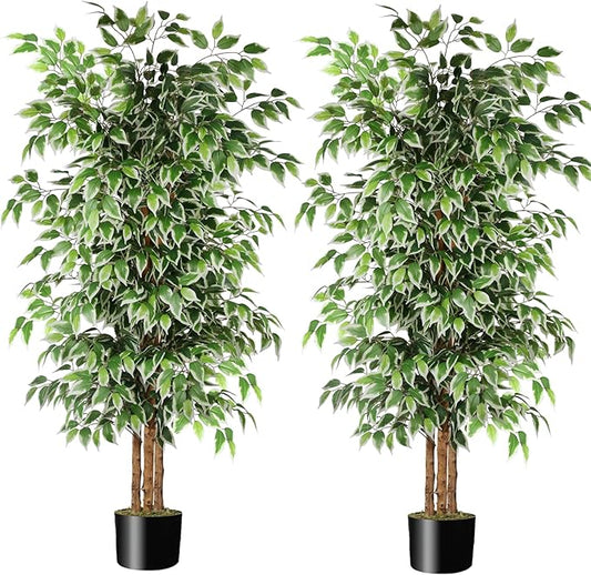 GTIDEA 2 Pcs 6ft Ficus Artificial Trees, Tall Faux Trees Indoor with Natural Trunk and Fake Silk Tree Fake Plants for Home Spring Decor Living Room Outdoor Balcony House Office (Included Dried Moss)