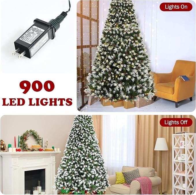 Happygrill 9ft Pre-lit Snowy Christmas Tree Pre-Strung Xmas Decoration Tree with 900 Warm White LED Lights & 2058 PVC Tips, 8 Lighting Modes, Hinged Artificial Tree for Residential Commercial Use
