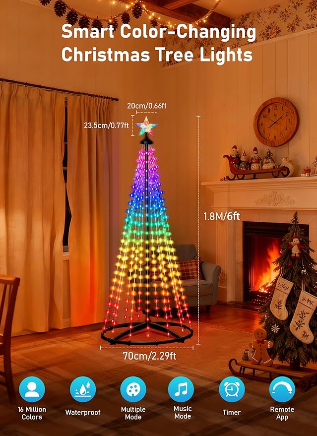 6FT Christmas Cone Tree,Smart RGB LED Lights with App & Remote Control,Music-synced and DIY Multicolor String Lights,Indoor & Outdoor Waterproof Christmas Decoration Lights for House