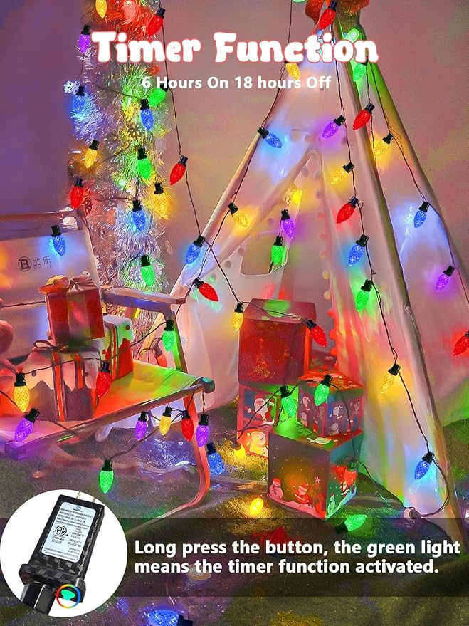 2-Pack Connectable C9 Christmas Lights Outdoor Indoor, 66 FT 100 LED Christmas String Lights Plug in with 8 Modes & Timer, Waterproof Fairy Twinkle Light for Xmas Tree Yard Decorations (Multi-colored)
