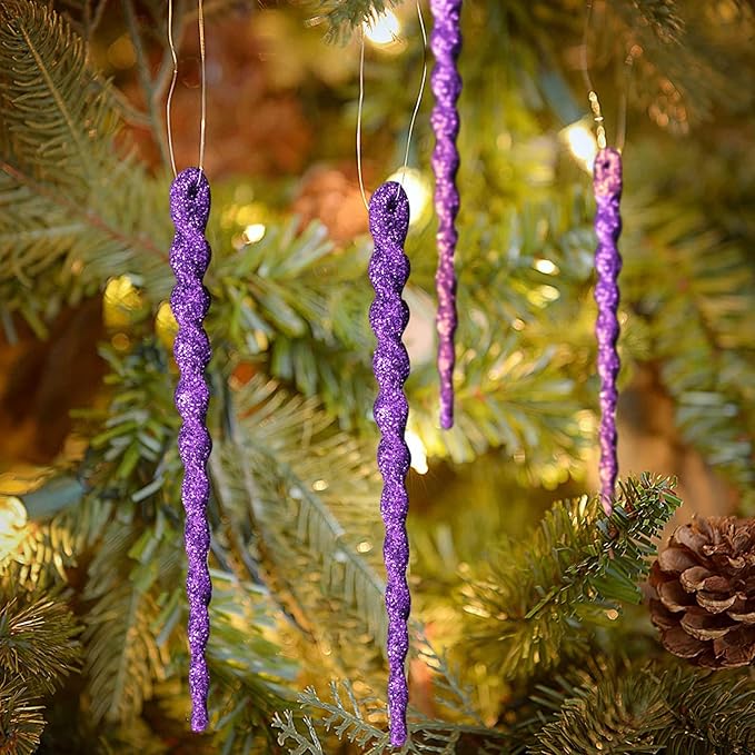 AMS Sparkling Glitter Plastic Icicle Ornaments 30 PCS Twisted Icicles Decoration Christmas Tree and Holiday Xmas Party Hanging (5.1'', Purple)
