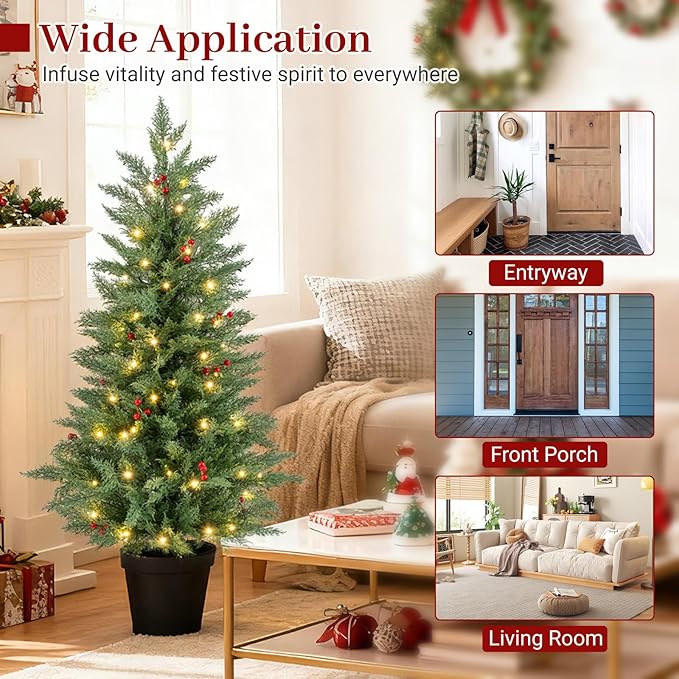 Happygrill 2 Pack 4 FT Pre-lit Cypress Christmas Trees, Potted Entrance Xmas Trees w/70 Warm White LED Lights, Timer, Red Berries, Battery-Operated Artificial Cypress Tree for Front Porch & Holiday