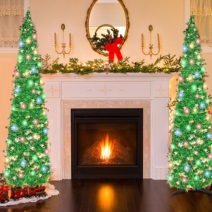 5FT Pop Up Christmas Tree with 90 LED Lights, Collapsible Christimas Tree Sled Sequins Tinsel Slim Pencil Christmas Xmas Tree for Home Holiday Fireplace Party Indoor Outdoor Decorations, Green