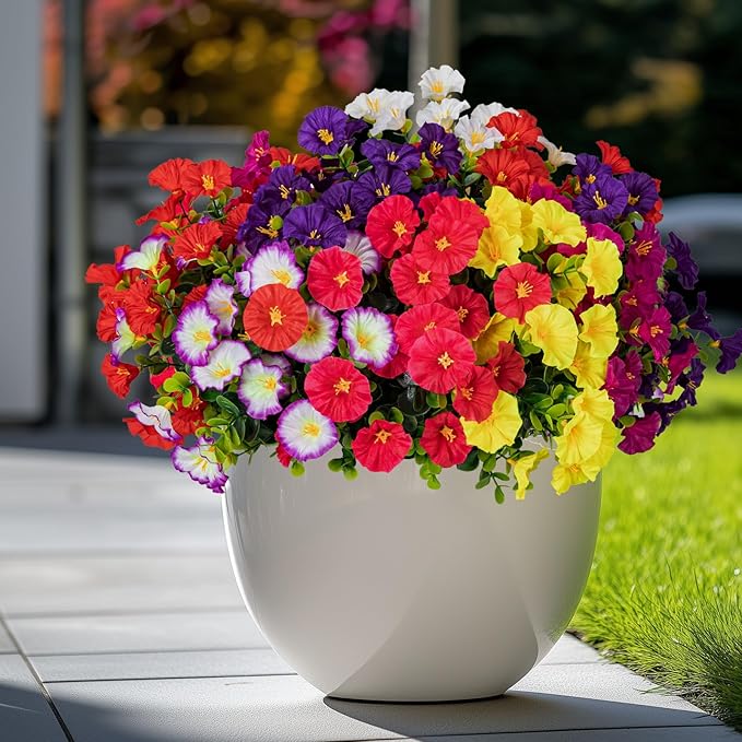 Lnoicy Artificial Flowers for Outdoor 14 Bundles Eucalyptus Fake Flowers for Planter,UV Resistant Fake Morning Glory for Home/Porch/Garden Decoration（7 Color）