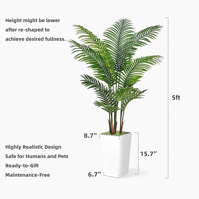 Artificial Palm Tree 5FT - Fake Tree with Gray Tall Planter - Faux Tropical Areca Floor Plant in Pot - Artificial Silk Plant for Home Office Living Room Decor Indoor