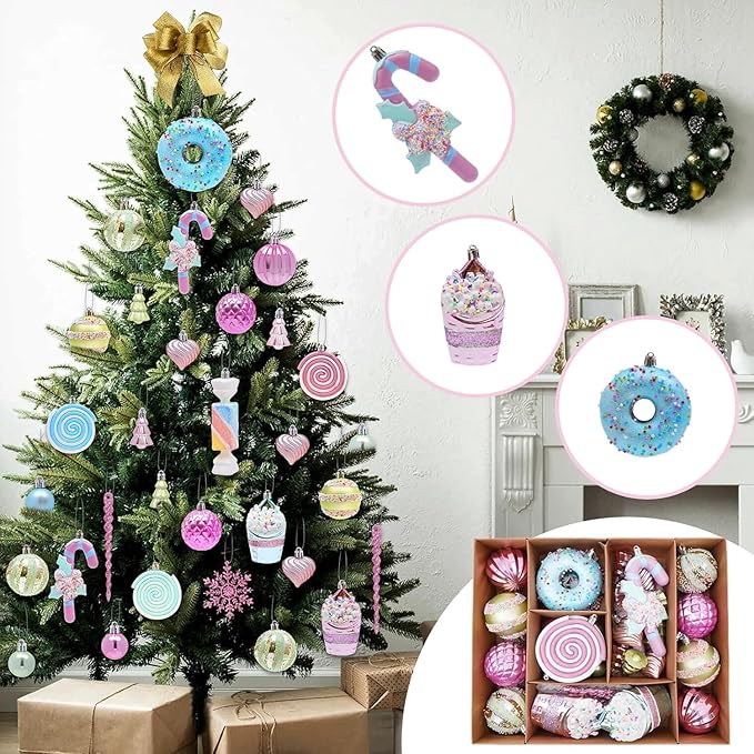 ILLUMINEW 48-Pack Christmas Balls Ornaments,Macaron Shatterproof Christmas Ornaments Set, Xmas Seasonal Cute Hanging Pendants Gift Package for Tree Party Holiday Indoor Decor