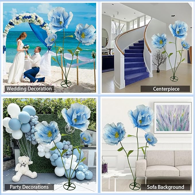 3Pcs Large Giant Artificial Flowers Decoration - Artificial Giant Paper Flowers for Wedding Graduation Bridal Shower Birthday Handcrafted Wall Backdrop Party Supplies (Blue)