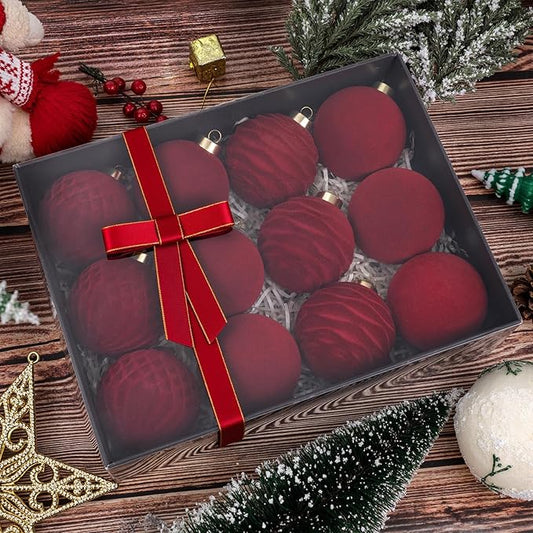 Festiva Christmas Tree Ornaments Velvet Balls - 12 Pcs Burgundy Red Shatterproof Christmas Tree Ornaments Velvet Balls, for Xmas Wedding Party Holiday Decorations (Gift Box)