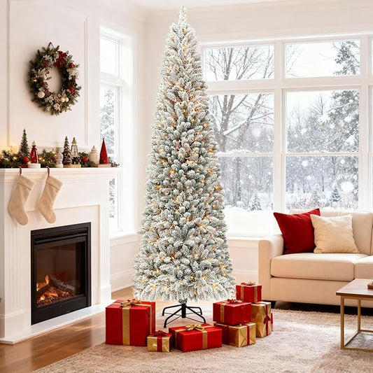 Pencil Prelit Christmas Tree 7.5ft - Skinny Flocked Artificial Christmas Tree with 290 Warm White Lights, 896 Snowy PVC Branch Tips, Slim Holiday Tree Decoration for Xmas - White
