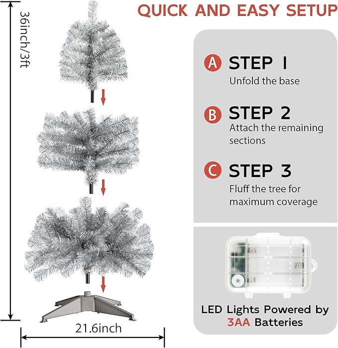 Silvery 3ft Christmas Tree with Lights, Small 36inch Artificial Tree Mini Table Top Decorations, Xmas Desk Tree with 80 Colored Lights, 200 Branch, Holiday Decor for Home,Indoor Office Tabletop