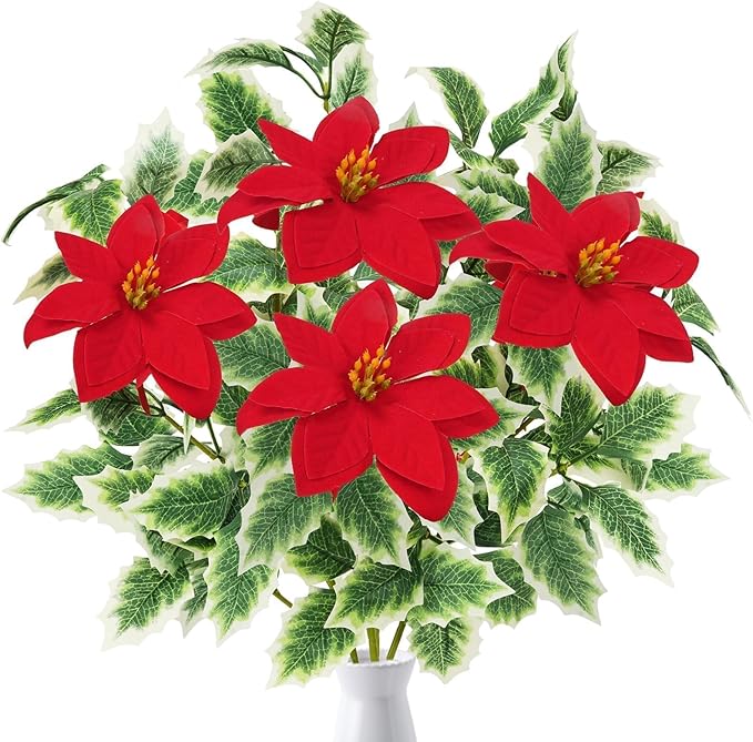 HUAESIN 4pcs Poinsettia Flowers Artificial Christmas Cemetery Flowers with Holly Leaves Faux Red Velvet Poinsettia Indoor Outdoor Long Stem Floal Arrangment for Crafts Vase Table Home Decor